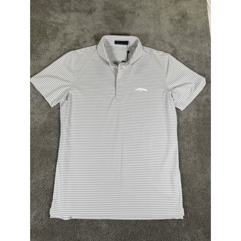 G/FORE Mens Striped Golf Polo Shirt Grey White Panther Logo Med. NEW GROVE XXIII